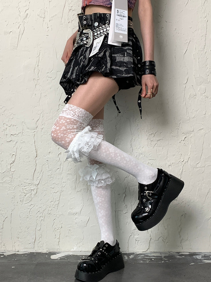 White Y2K Bittersweet Ruffled Cuff Underknee Stockings