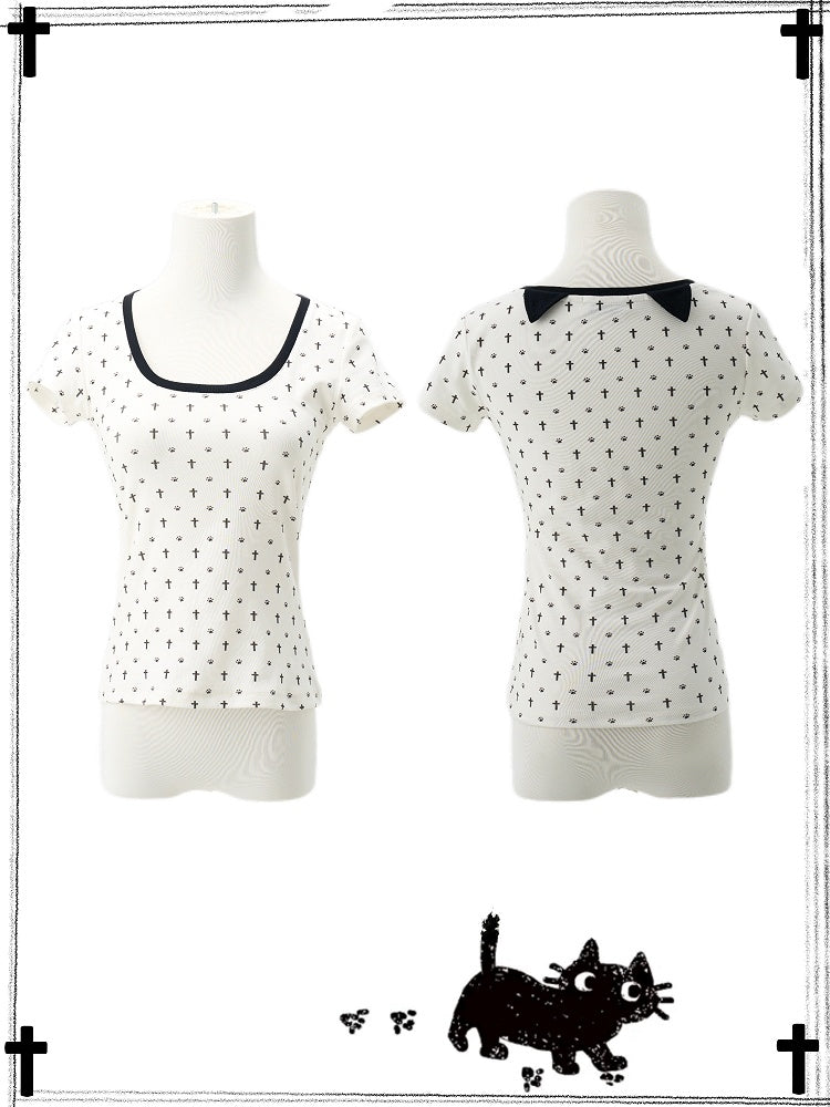 Pastel Gothic Black & White Allover Cross and Cat Paw Print Cat Ears Detail at Back T-Shirt