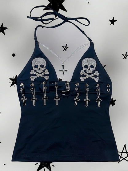 Black Punk Rock Rhinestone Skeleton Decorated Cross Charm Halter Neck Top