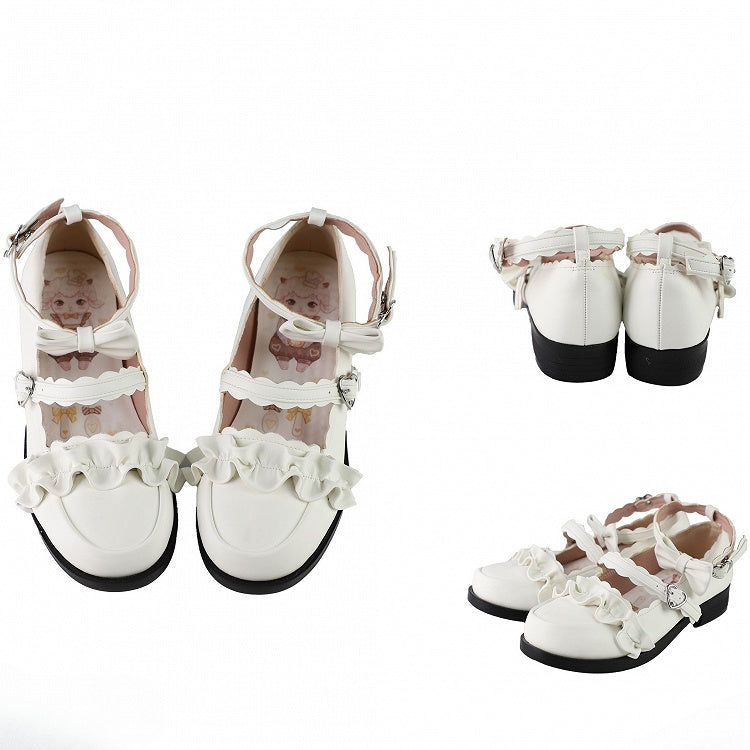 White Ruffles Trim Bowknot Decorated Heart Buckles Lolita Shoes