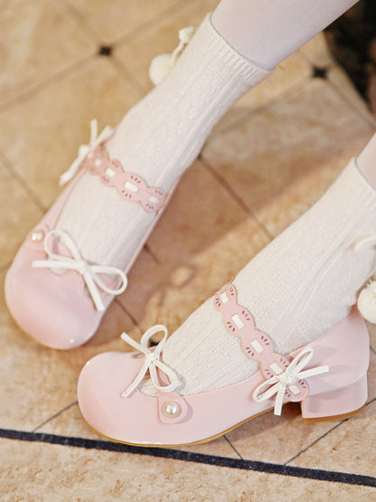 Pink Beaded Decorated Knotted Bow at Top Round Toe Lolita Shoes
