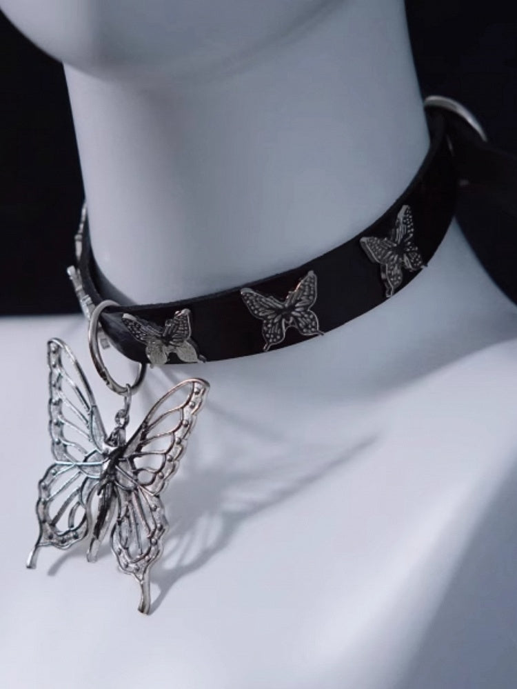 Handmade Metal Butterfly Pendant Gothic Black PU Choker