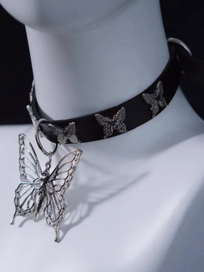 Handmade Metal Butterfly Pendant Gothic Black PU Choker