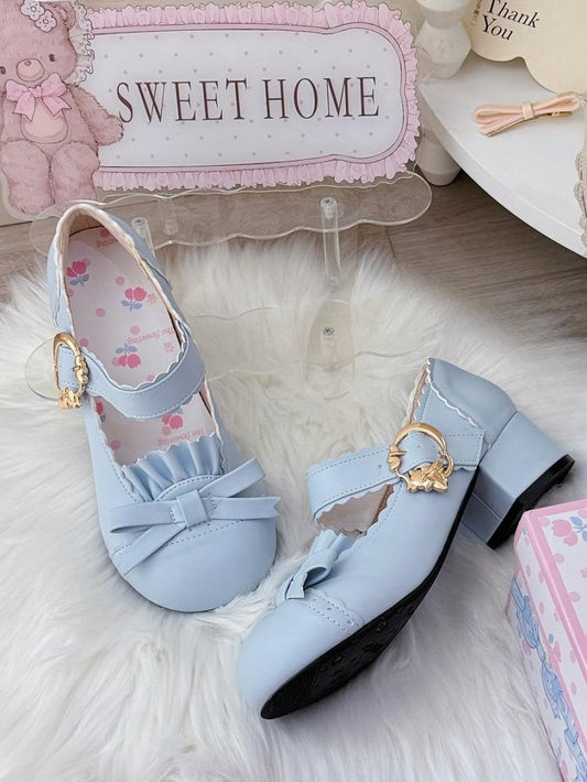 Mid-heel Blue Mary Janes in PU - Bow Accent, Ruffles Edging & Scalloped Buckle