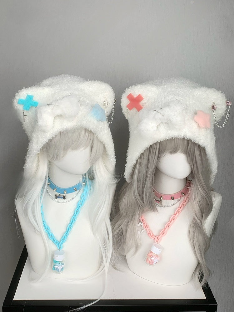 Blue/Pink Cross and Pin Accents Bear Ear Plush Hat with Bone and Star Plushie