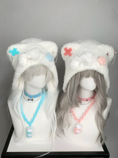 Blue/Pink Cross and Pin Accents Bear Ear Plush Hat with Bone and Star Plushie