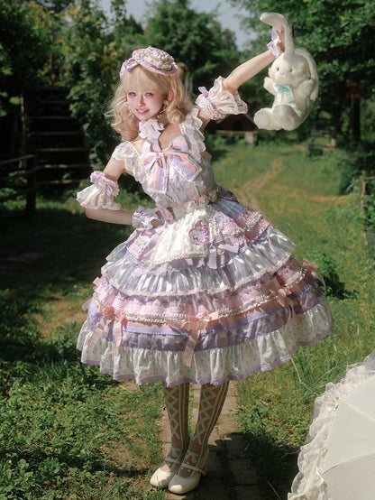 Purple Taro Paste Cake Bow Accents Tiered Skirt Sweet Lolita JSK Full Set
