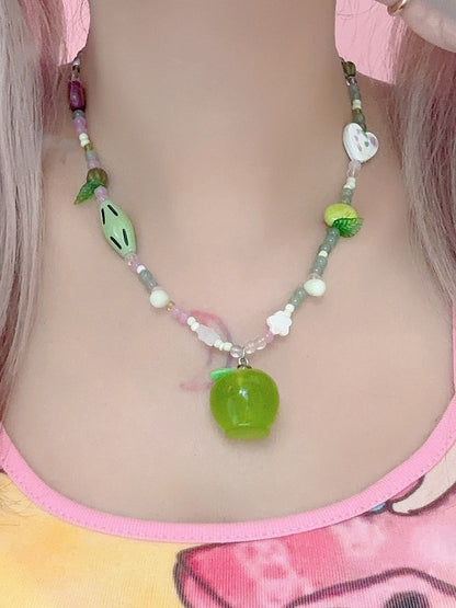 Green Apple Y2K Pendant Beaded Necklace