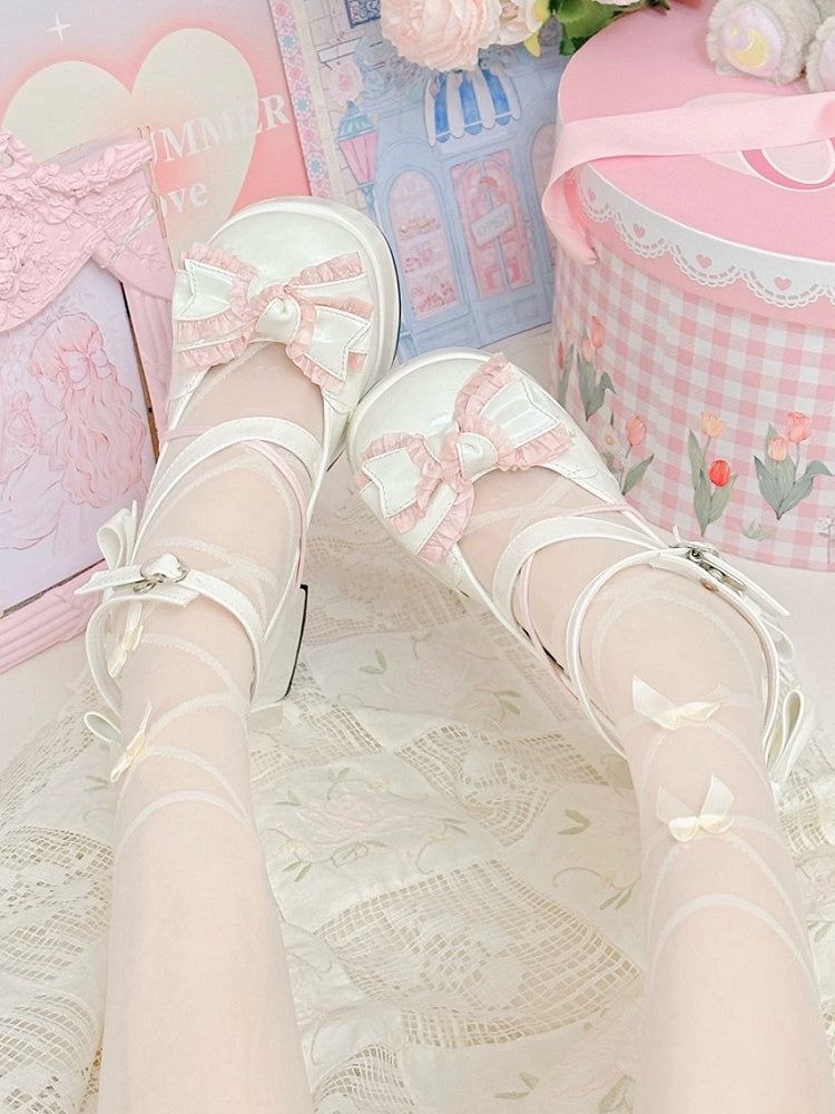 White and Pink Bow Accents Sweet High Block Heel Mary Janes Ankle Strap