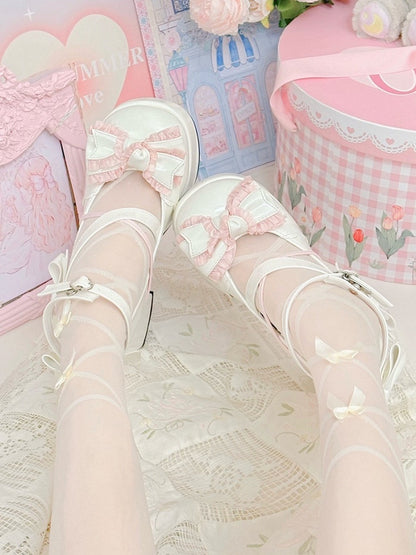 White and Pink Bow Accents Sweet High Block Heel Mary Janes Ankle Strap