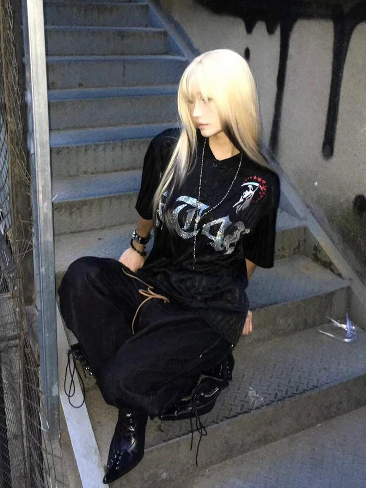 Y2K Black Stripes Polo T-Shirt with Gothic Print