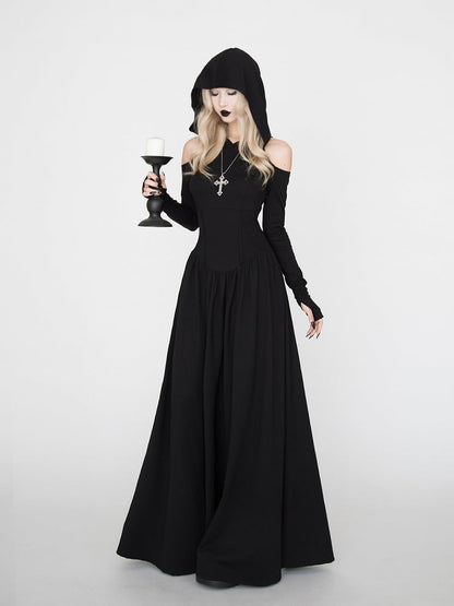 Gothic Black Cutout Shoulder Wasteland Punk Hooded Dress