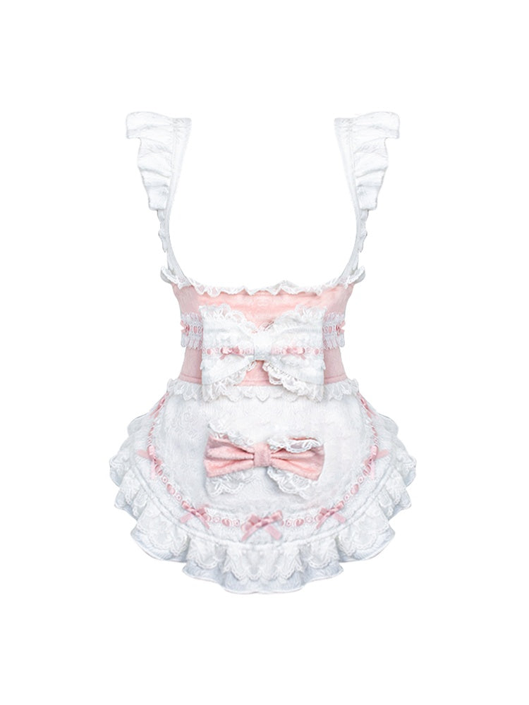 Pink & White Sash Apron with Lace Trim and Bow Accents