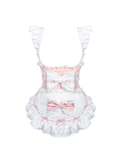 Pink & White Sash Apron with Lace Trim and Bow Accents