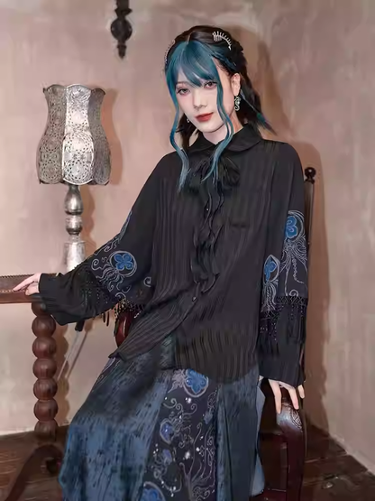 Blue Jellyfish Print Black Peter Pan Collar Tassel Cuffs Cheongsam Style Blouse with Self-tie Bow