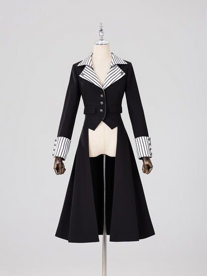 Ouji Fashion Clown Vibes White Striped Lapel Collar Black Tailcoat Halloween Outfit