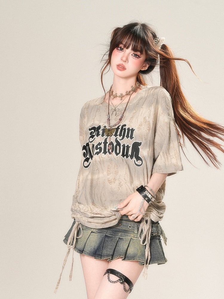 Apricot Letter Print Drawstring Waist Distressed Holes Loose T-Shirt