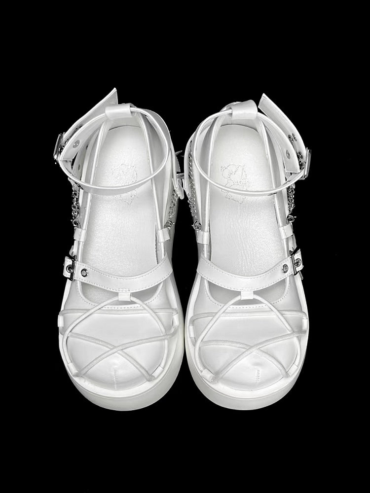 White Star Design Straps Punk Platform Shoes with Silver-tone Studs and Chains