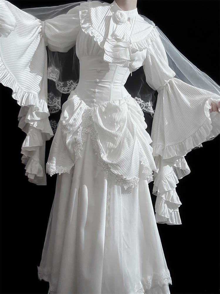 Clearance-Size L for Waist 68-72CM White Gothic Boned Corset Under Bust High Waist Aristocrat Lolita Skirt