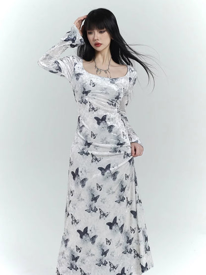 White Velvet Butterfly Print Slim-fitting Dress