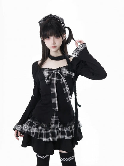 Subculture Fashion Black Faux Two-Piece Top with Plaid Bowknot and Lace Trim