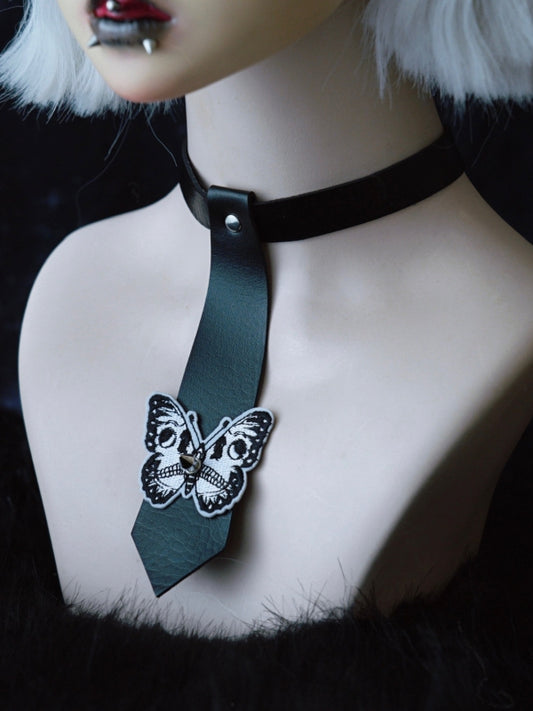 Black Gothic Butterfly Applique Studs Decorated Tie PU Choker
