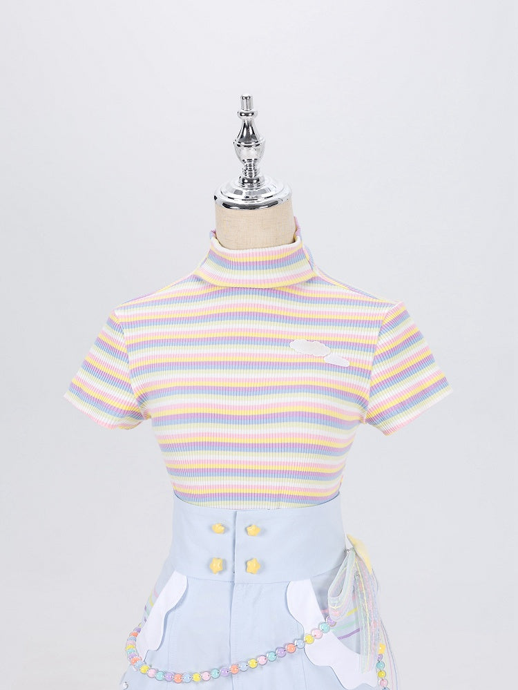 High Neck Pastel Rainbow Striped Short Sleeves T-shirt with Cloud Patch