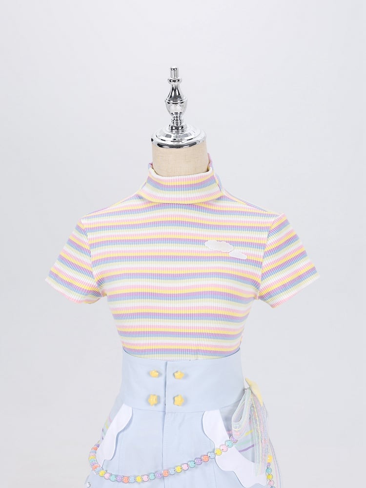 High Neck Pastel Rainbow Striped Short Sleeves T-shirt with Cloud Patch