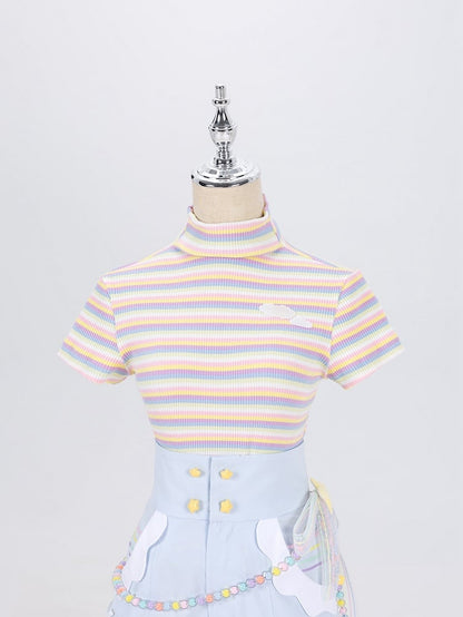 High Neck Pastel Rainbow Striped Short Sleeves T-shirt with Cloud Patch