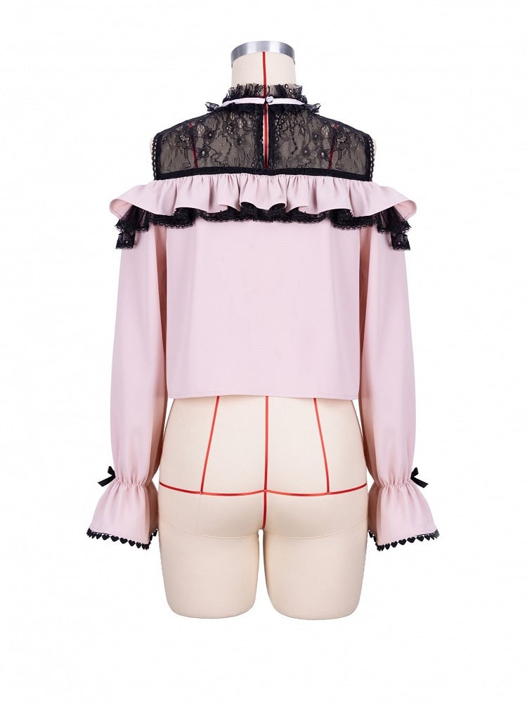 Jirai Kei Open Shoulders Long Sleeves Black and Pink Blouse