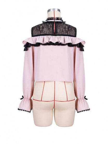 Jirai Kei Open Shoulders Long Sleeves Black and Pink Blouse