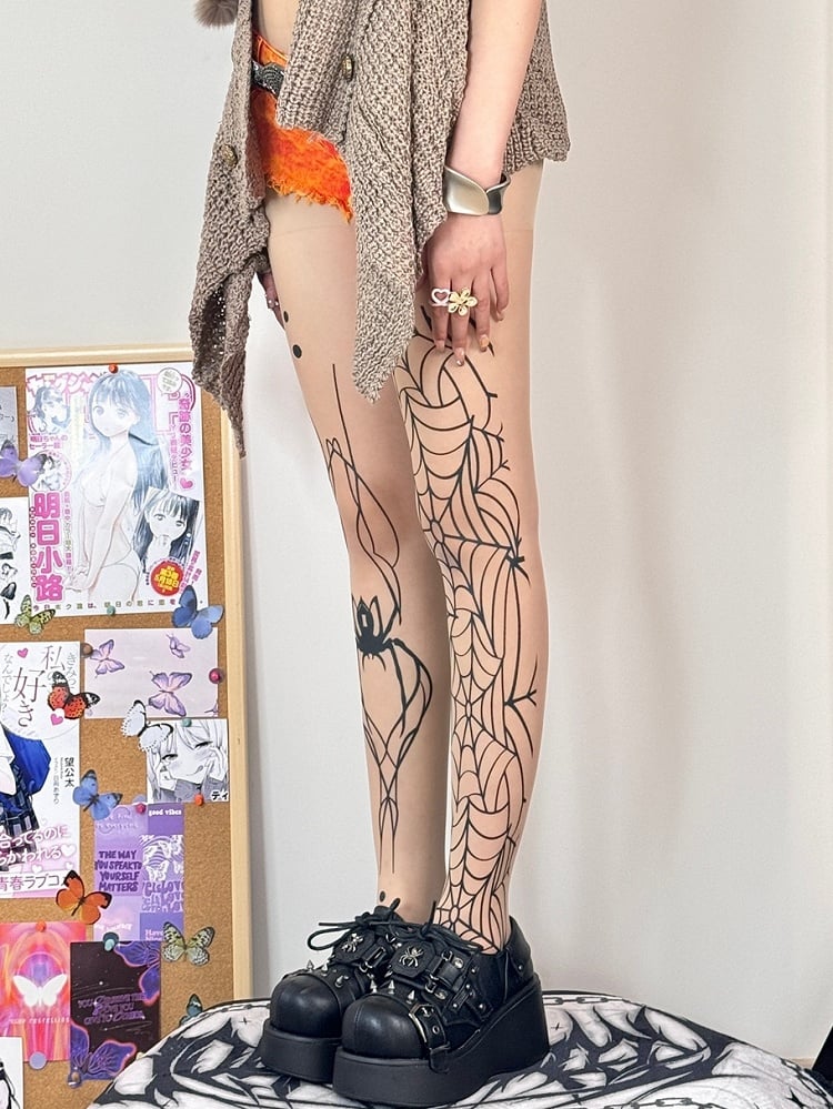 Nude Gothic Spider And Spiderweb Print Tights
