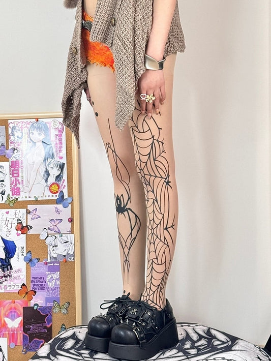 Nude Gothic Spider And Spiderweb Print Tights