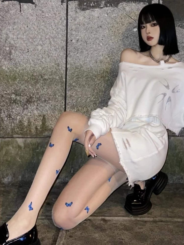 Black/Nude/White Butterfly Details Tights