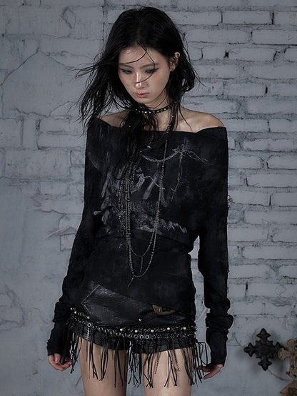 Wasteland Punk Black Off-the-shoulder Neckline Lace-up Design Top