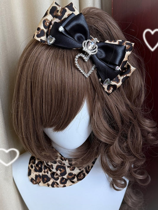 5 Color Options Leopard Pattern Rhinestone Heart And Crown Decorated Bowknot Hairclip With Neck Accessory