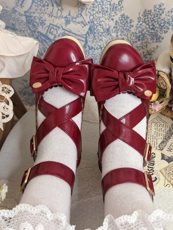 PU Red Sweet Lolita Platform Mary Janes - Crisscross Straps with Wood Grain Sole & Bow at Top