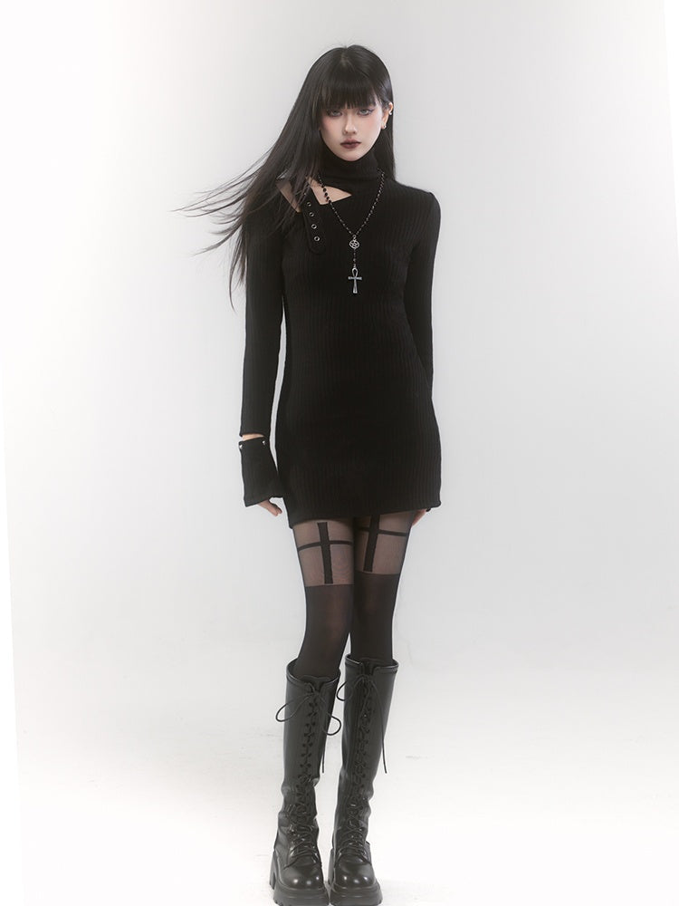 Black High Neck Cutout Shoulder Buckle Strap Thigh-length Knitted Dress
