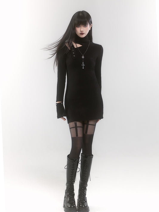 Black High Neck Cutout Shoulder Buckle Strap Thigh-length Knitted Dress