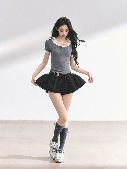 Gray and White Partial Floral Button Placket Faux Two-pieces T-shirt