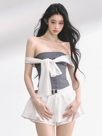 Gray Slim-fitting Strapless Top with White Self-tie Straps Design