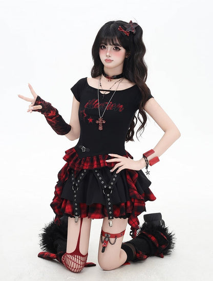 Red and Black Plaid Cascading Ruffle Accents Star and Letter Appliques T-shirt