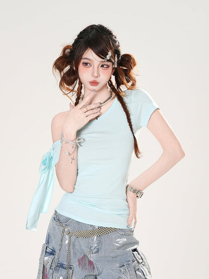Baby Blue Asymmetrical Neckline Slim-fitting T-shirt