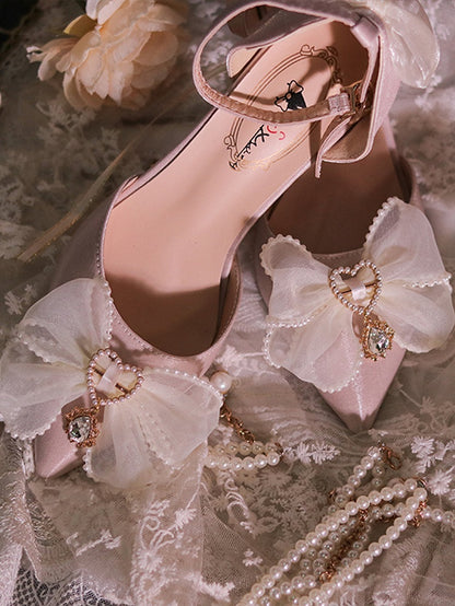 Light Pink Beaded Bowknot Accents Pointed Toe Hime Lolita Middle Heels