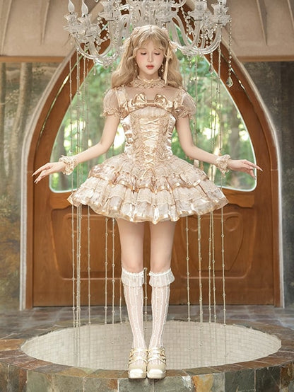 Bunny and Kitty Print Champagne Short Puff Sleeves Lolita Corset Dress