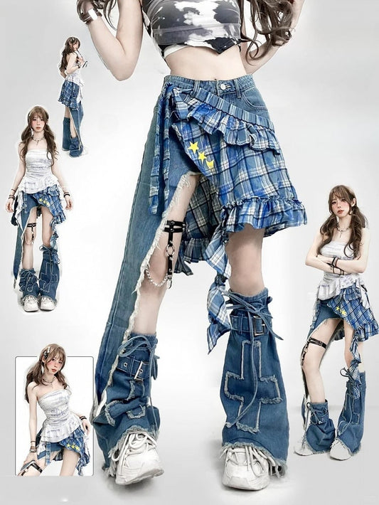 Blue Bittersweet Glamorous Set- Asymmetrical Hem Shorts + Plaid Pattern Star Print Skirt + Cross Applique Leg Warmers