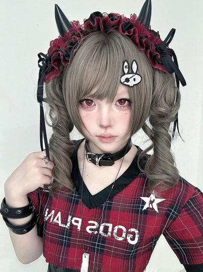 Gray Brown 30CM Length Synthetic Wig With Double Ponytail Claw Clips