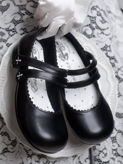 Black Gothic Cross Embroidery Velcro Strap Closures Round Toe Flats