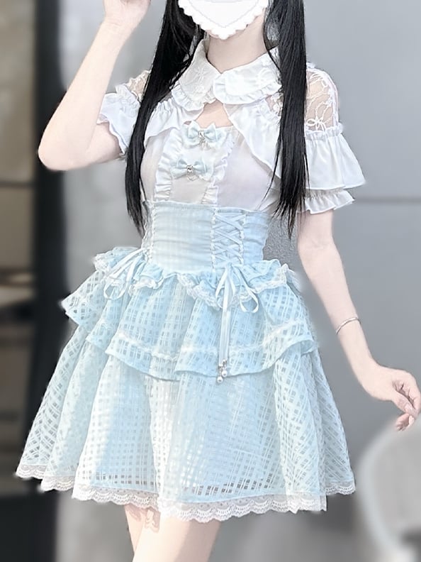 White Open Shoulder Blouse+ Light Blue Lace-up Waist Tiered Skirt+ Bowknots Jirai Kei Set