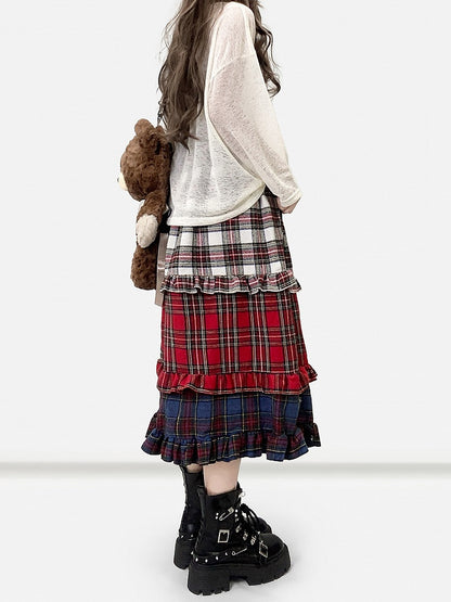 Red Christmas Plaid Pattern Tiered Ruffles Skirt